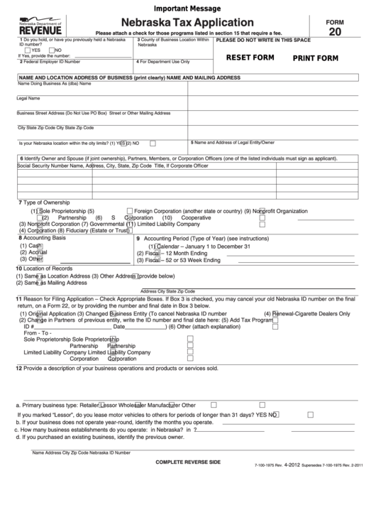 Fillable Form 20 - Nebraska Tax Application - 2012 Printable pdf