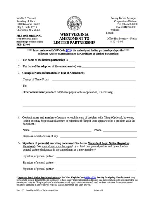 Fillable Form Lp-3 - West Virginia Amendment To Limited Partnership- West Virginia Secretary Of State Printable pdf