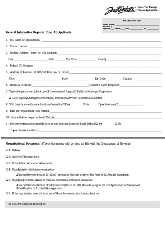 Form St-130 - Sales Tax Exempt Status Application - 1999 Printable pdf