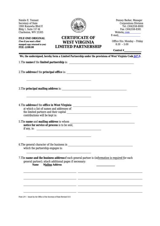 Fillable Form Lp-1 - Certificate Of West Virginia Limited Partnership - 2013 Printable pdf