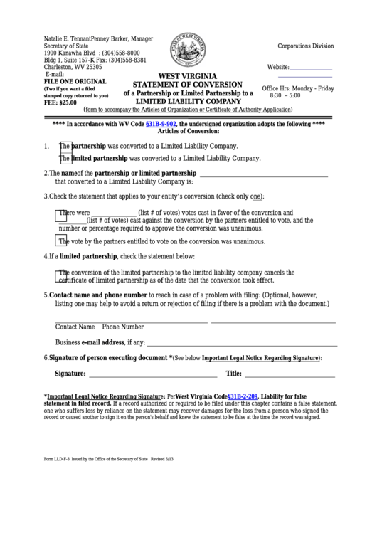 Fillable Form Lld-F-3 - West Virginia Statement Of Conversion Of A Partnership Or Limited Partnership To A Limited Liability Company - West Virginia Secretary Of State Printable pdf