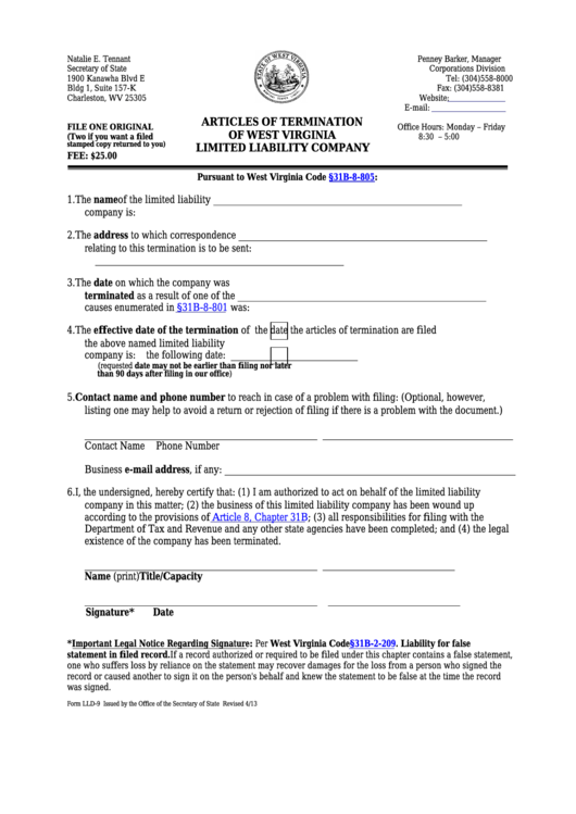 Fillable Form Lld-9 - Articles Of Termination Of West Virginia Limited Liability Company - 2013 Printable pdf