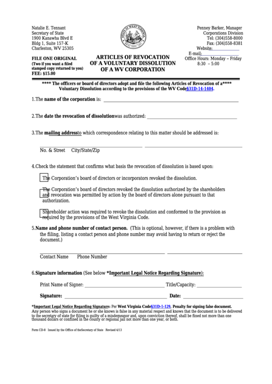 Fillable Form Cd-8 - Articles Of Revocation Of A Voluntary Dissolution Of A Wv Corporation - West Virginia Secretary Of State Printable pdf