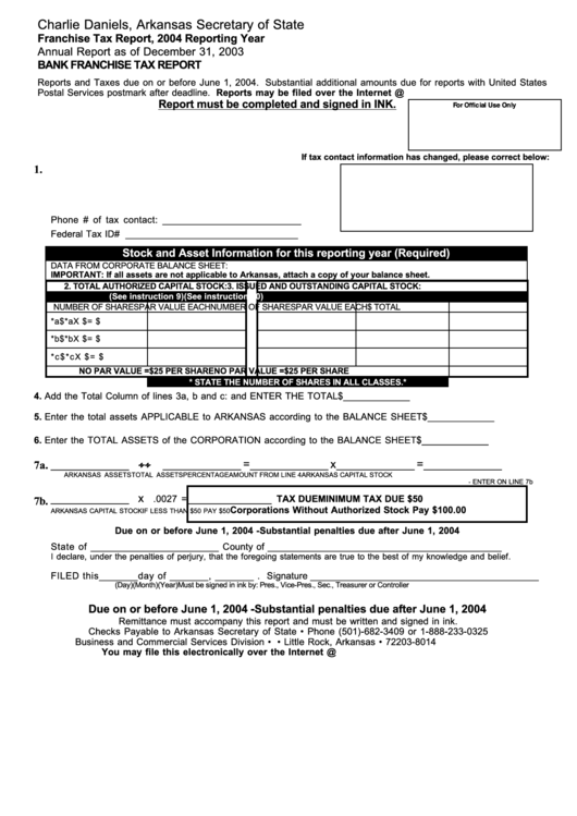 Bank Franchise Tax Report - Arkansas Secretary Of State - 2004 Printable pdf