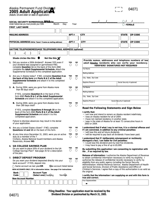 Adult Application - Alaska Department Of Revenue - 2005 Printable pdf