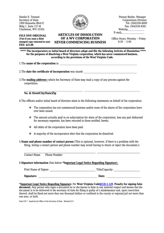 Fillable Form Cd-7 - Articles Of Dissolution Of A Wv Corporation Never Commencing Business - West Virginia Secretary Of State Printable pdf