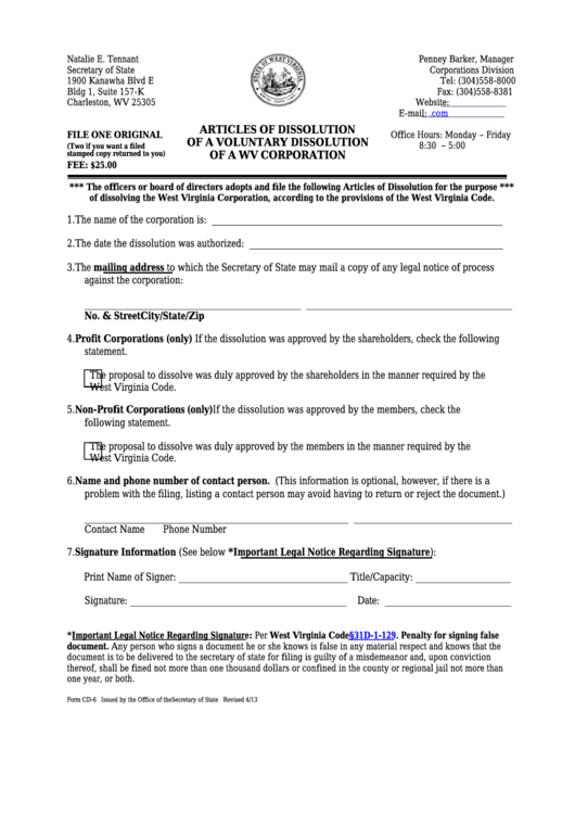 Fillable Form Cd-6 - Articles Of Dissolution Of A Voluntary Dissolution Of A Wv Corporation - West Virginia Secretary Of State Printable pdf