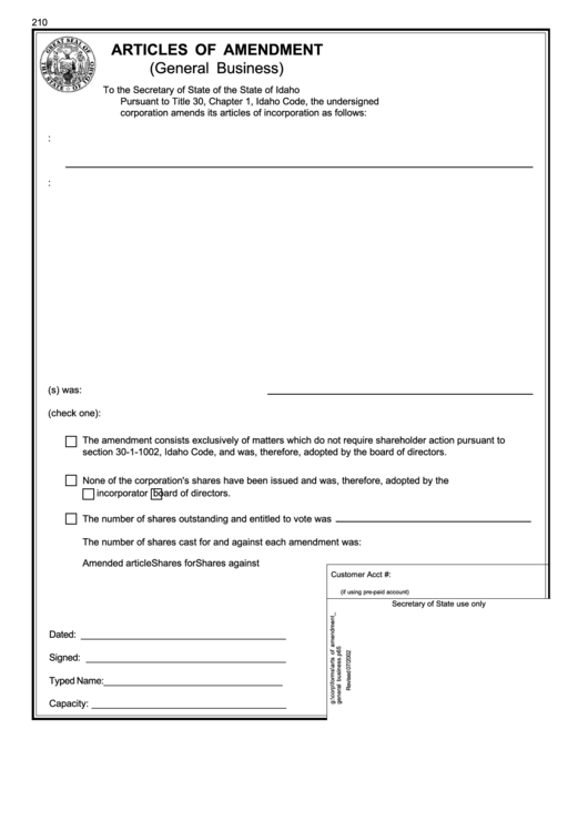 Form General Business Articles Of Amendment - Idaho Secretary Of State Printable pdf