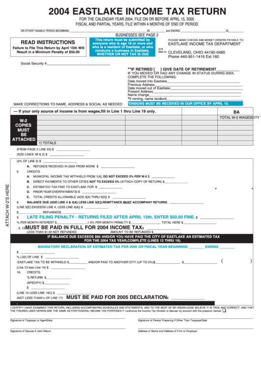 Income Tax Return Form - Eastlake - 2004 Printable pdf