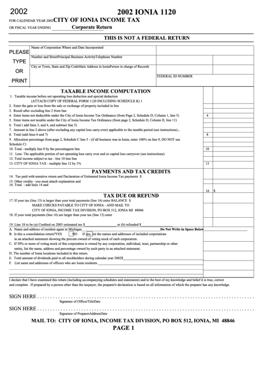 Form I-1120 - Income Tax Corporate Return - City Of Ionia - 2002 Printable pdf
