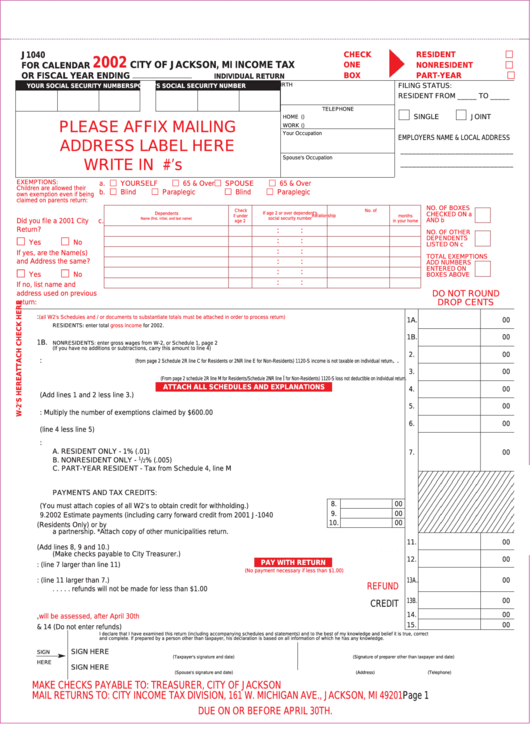 Form J1040 - Income Tax Individual Return - City Of Jackson - 2002 Printable pdf