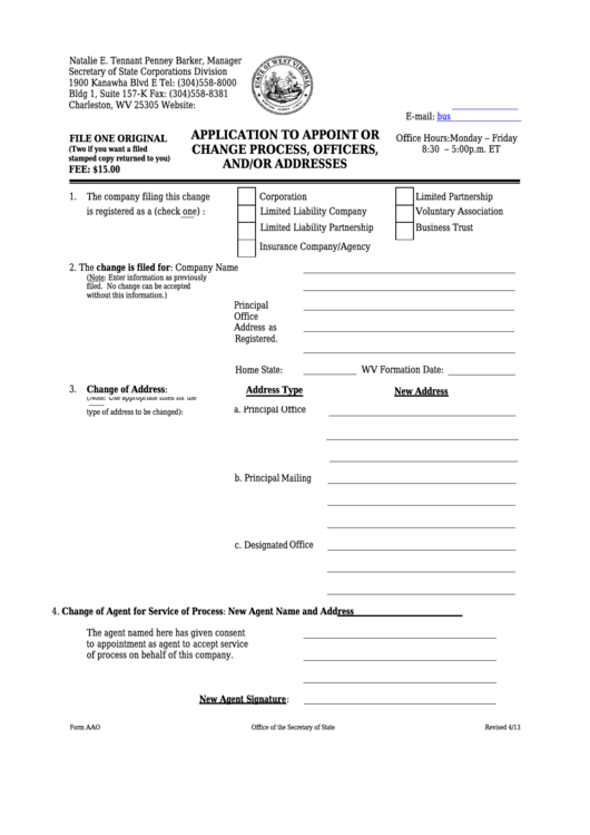 Fillable Form Aao - Application To Appoint Or Change Process, Officers, And/or Addresses - West Virginia Secretary Of State Printable pdf