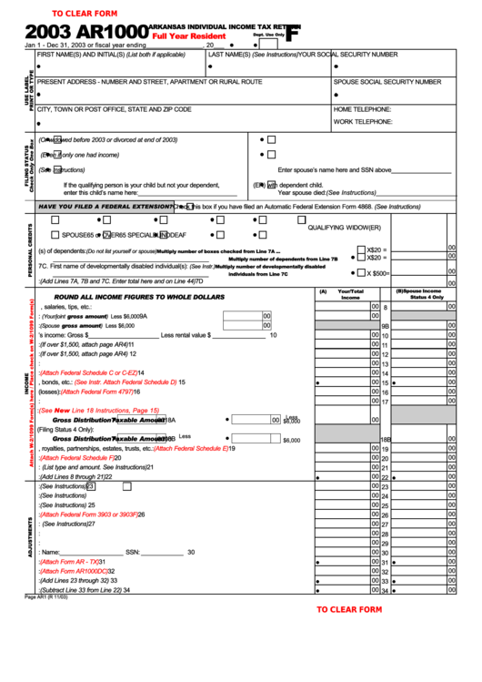 Fillable Form Ar1000 Arkansas Individual Income Tax Return 2003