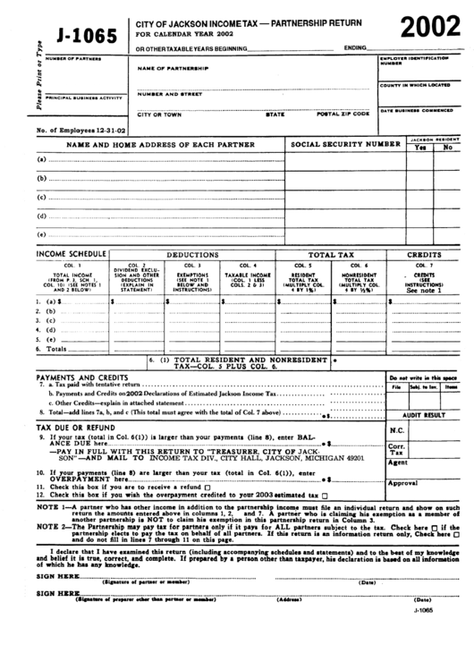 Form J-1065 - Income Tax - Partnership Return - City Of Jackson - 2002 Printable pdf