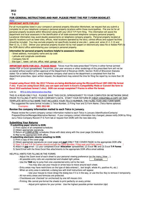 Form T-S- Wisconsin Telco Statewide Summary Return - 2013 Printable pdf