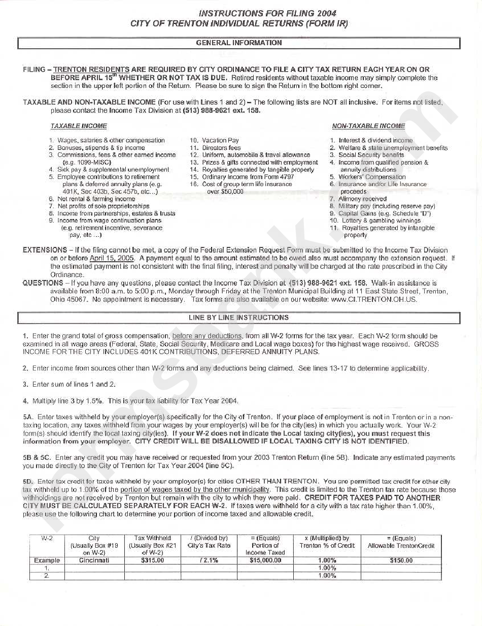 Form Ir - Instructions For Filing City Of Trenton Induvudual Returns - 2004