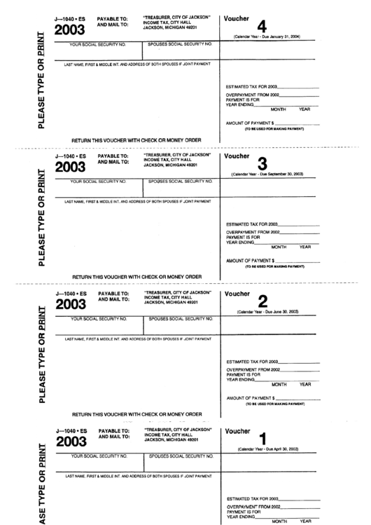Form J-1040 Es - Voucher - City Of Jachson - 2003 Printable pdf