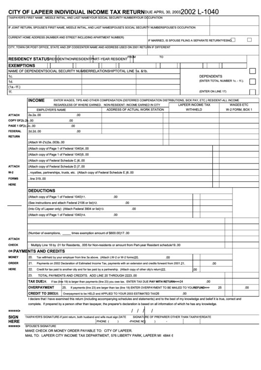 Form L-1040 - Individual Income Tax Return - City Of Lapeer - 2002 Printable pdf