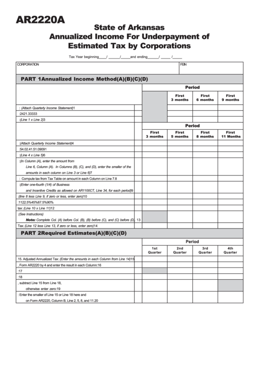 Form Ar2220a - Annualized Income For Underpayment Of Estimated Tax By Corporations Printable pdf