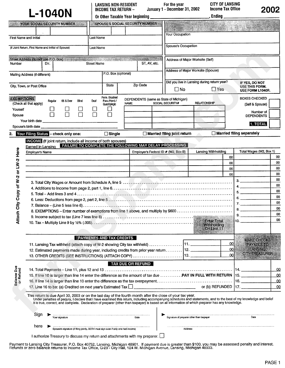 Form L-1040n - Lansing Non-Resident Income Tax Return - 2002