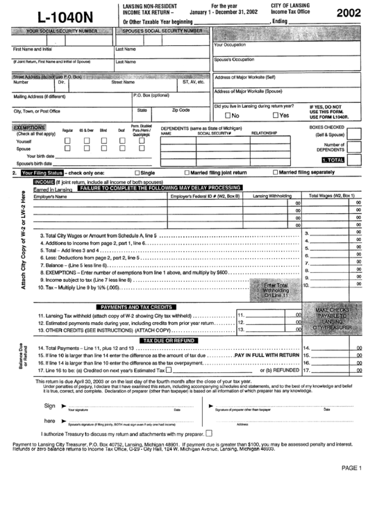 Form L-1040n - Lansing Non-Resident Income Tax Return - 2002 Printable pdf