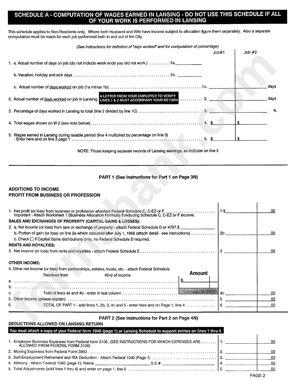 Form L-1040n - Lansing Non-Resident Income Tax Return - 2002