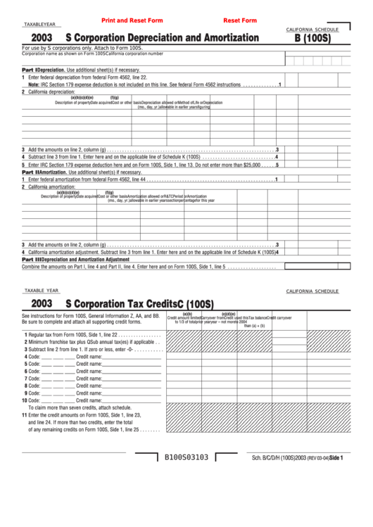 California Schedule B (100s) - S Corporation Depreciation And Amortization - 2003