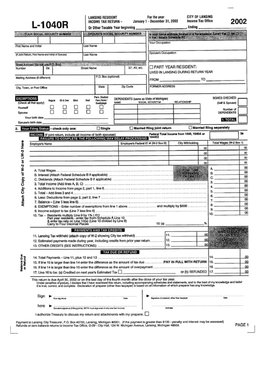 Form L-1040r - Lansing Resident Income Tax Return - 2002 Printable pdf