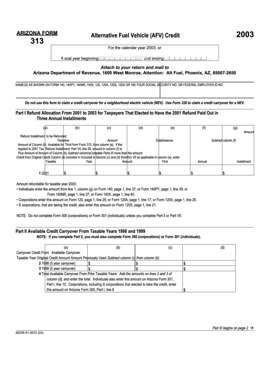 Fillable Arizona Form 313 - Alternative Fuel Vehicle (Afv) Credit - 2003 Printable pdf