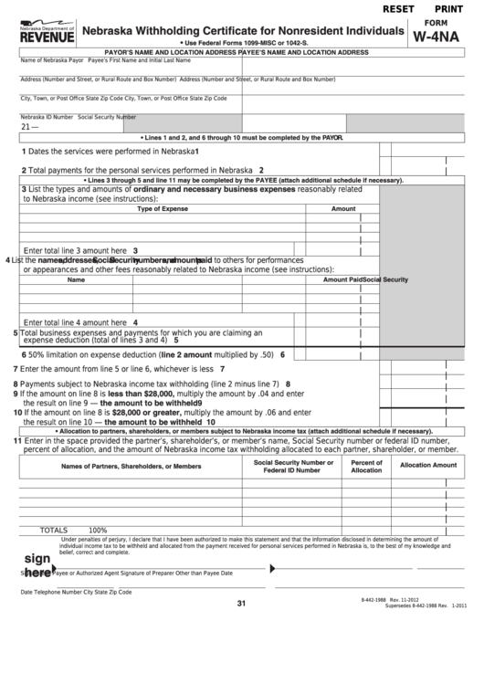 Fillable Form W-4na - Nebraska Withholding Certificate For Nonresident Individuals Printable pdf