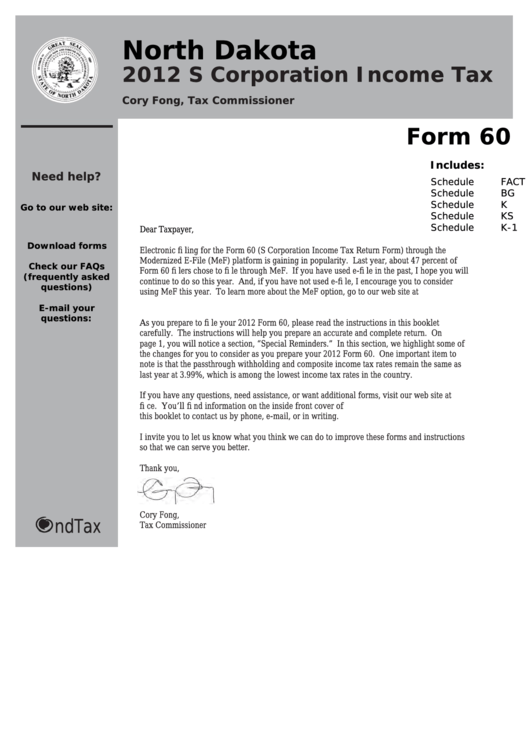 Fillable Form 60 - North Dakota S Corporation Income Tax Bokklet - 2012 Printable pdf