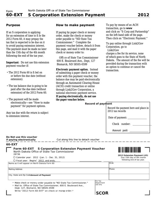Fillable Form 60-Ext - S Corporation Extension Payment Voucher - 2012 Printable pdf