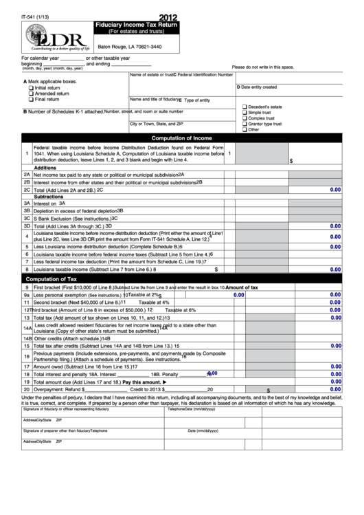Fillable Form It-541 - Fiduciary Income Tax Return - 2012 Printable pdf