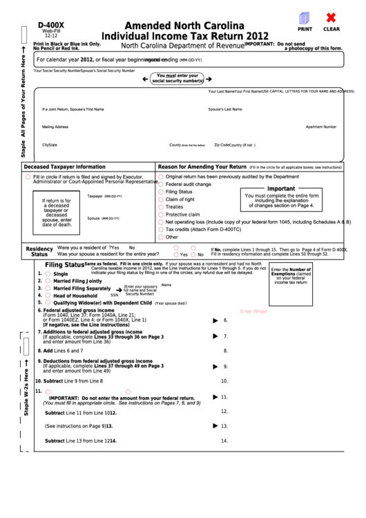 Fillable Form D-400x - Amended North Carolina Individual Income Tax Return - 2012 Printable pdf