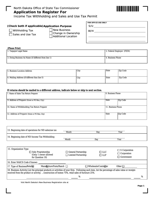 Fillable Form 59507 - Application To Register For Income Tax Withholding And Sales And Use Tax Permit Printable pdf