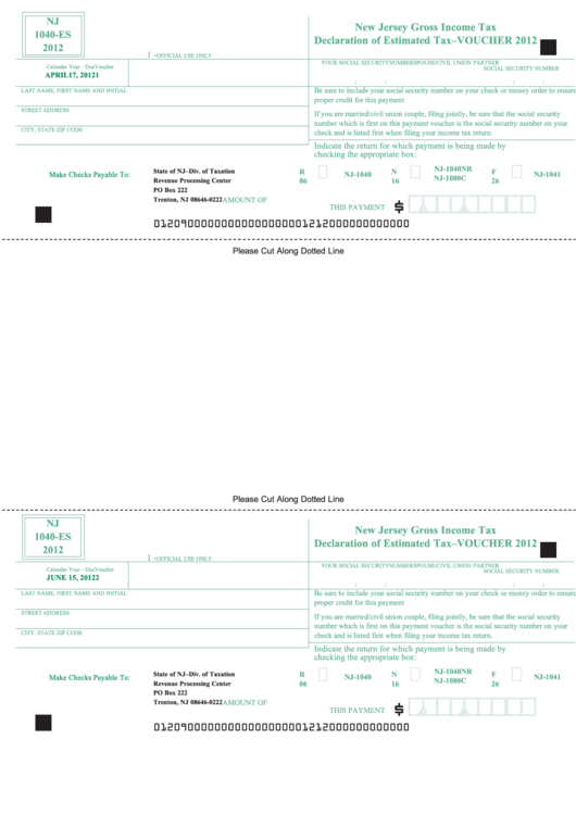 Fillable Form Nj 1040-Es - New Jersey Gross Income Tax Declaration Of Estimated Tax - Voucher - 2012 Printable pdf
