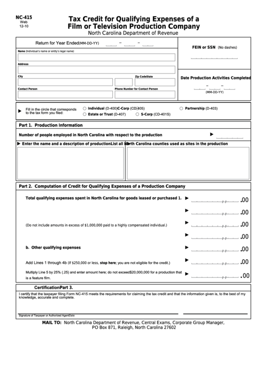 Form Nc-415 - Tax Credit For Qualifying Expenses Of A Film Or Television Production Company Printable pdf
