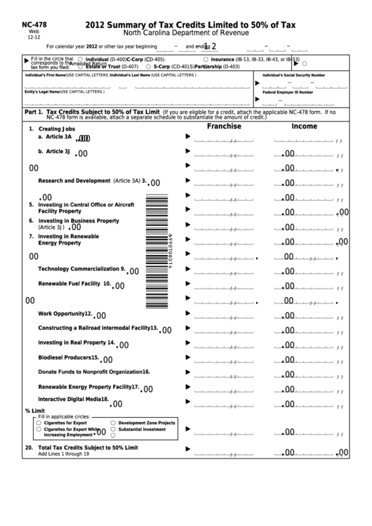 Form Nc-478 - Summary Of Tax Credits Limited To 50% Of Tax - 2012 Printable pdf