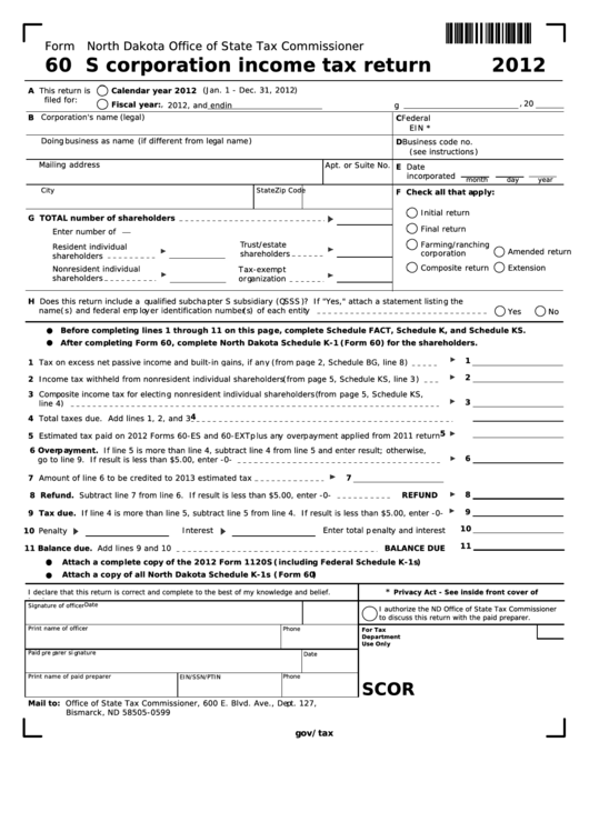 Fillable Form 60 - S Corporation Income Tax Return - 2012 Printable pdf