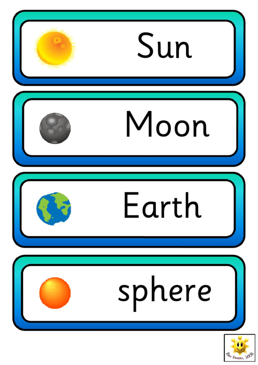 Vocabulary Flash Cards Template - Earth, Sun And Moon Printable pdf