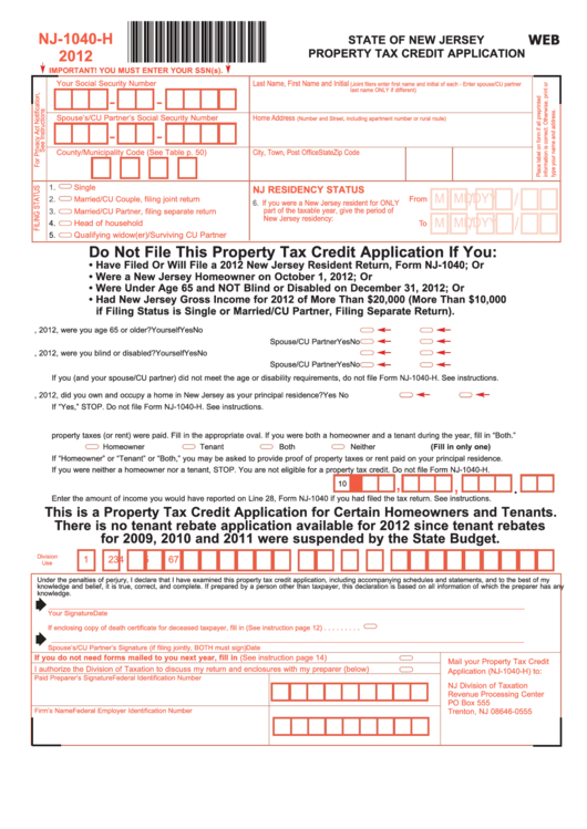 Fillable Form Nj-1040-H - Property Tax Credit Application - 2012 Printable pdf