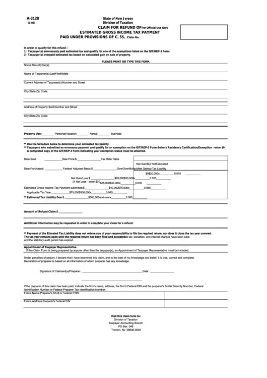 Form A-3128 - Claim For Refund Of Estimated Gross Income Tax Payment Printable pdf