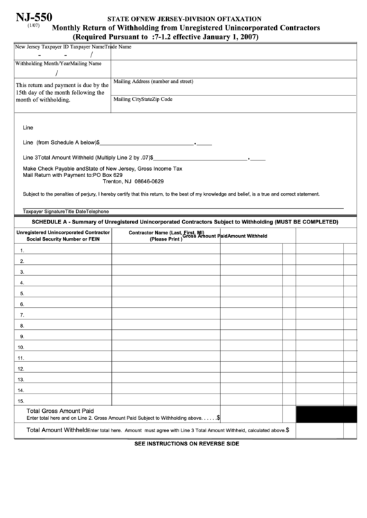 Fillable Form Nj-550 - Monthly Return Of Withholding From Unregistered Unincorporated Contractors Printable pdf