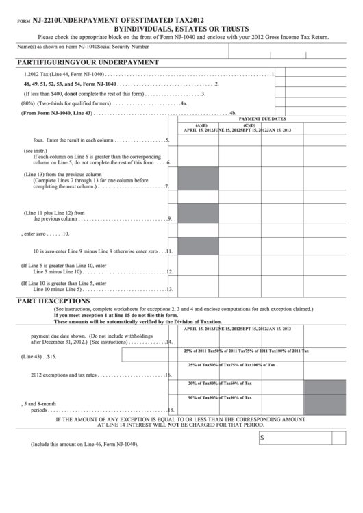 Fillable Form Nj-2210 - Underpayment Of Estimated Tax By Individuals, Estates Or Trusts - 2012 Printable pdf