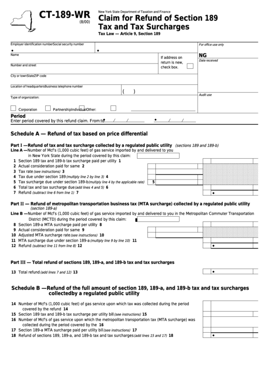 Form Ct-189-Wr - Claim For Refund Of Section 189 Tax And Tax Surcharges Printable pdf