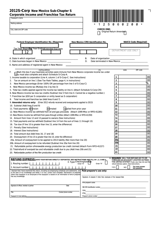 Fillable Form S-Corp-1 - New Mexico Sub-Chapter S Corporate Income And Franchise Tax Return - 2012 Printable pdf