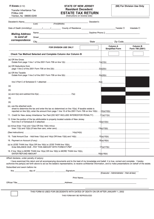 Fillable Form It-Estate - Resident Decedent Estate Tax Return Printable pdf