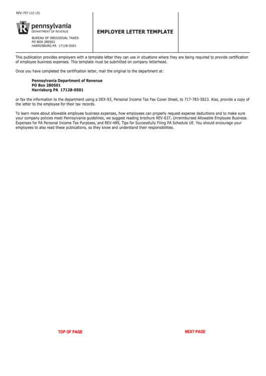 Form Rev-757 - Employer Letter Template - Pennsylvania Department Of Revenue Printable pdf