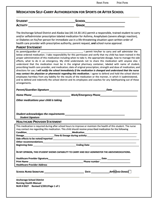 Fillable Medication Self-Carry Authorization For Sports Or After School - Nursing Health Manual Printable pdf