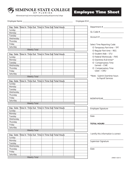Fillable Employee Time Sheet - State Of Florida Printable pdf